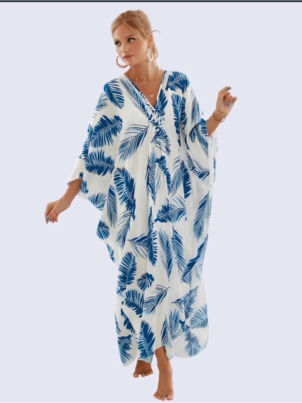 Lightweight Blue Palm-Print Caftan Cover-Up